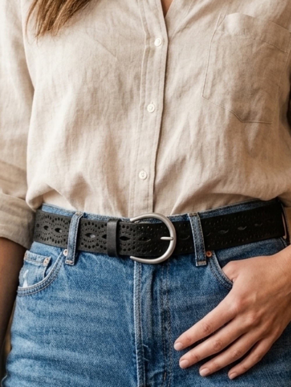 Lucky Brand Black Perforated Leather Belt with Silver Buckle Size S